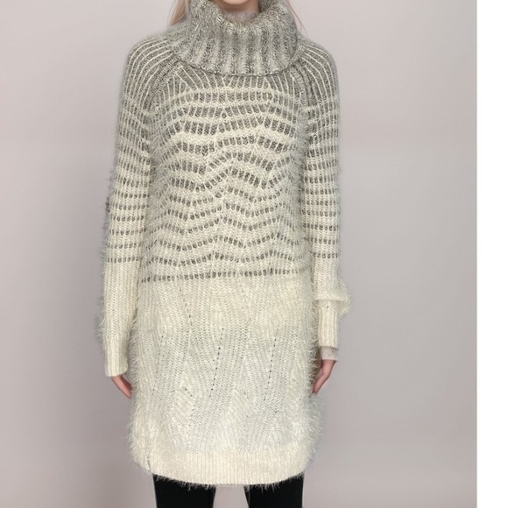 Sleeping on Snow Anthropologie Long Sweater Sz XS Grey Cream Eyelash Wool Alpaca